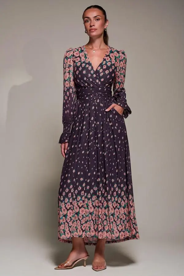 Jolie Moi Women's Mirrored Print Long Sleeve Mesh Maxi Dress in Purple 