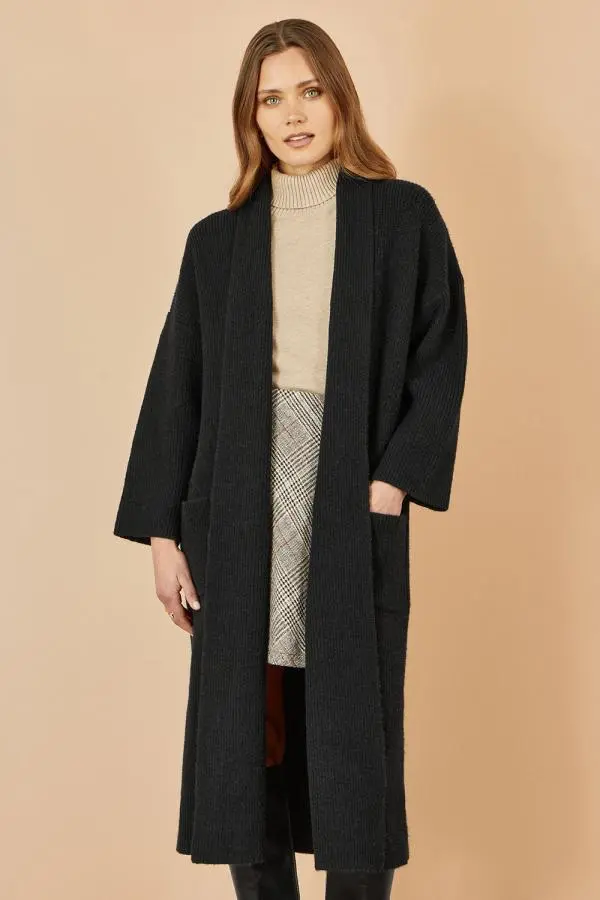 Yumi Women's Black Knitted Maxi Cardigan With Pockets 