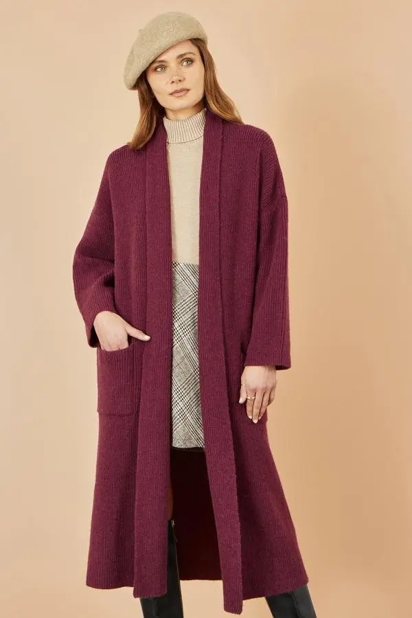 Yumi Women's Burgundy Knitted Maxi Cardigan With Pockets 