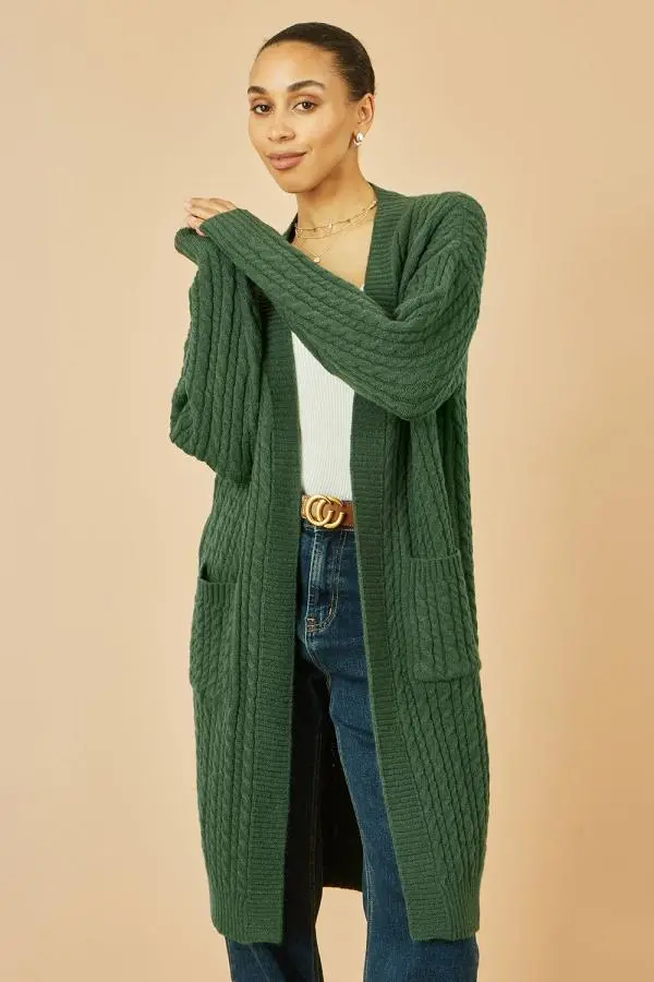 Yumi Women's Green Cable Knit Edge to Edge Long Cardigan With Pockets 