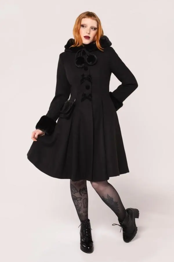 Hell Bunny Women's Oita Fit & Flared Hood & Sleeves Black Velvet Coat 
