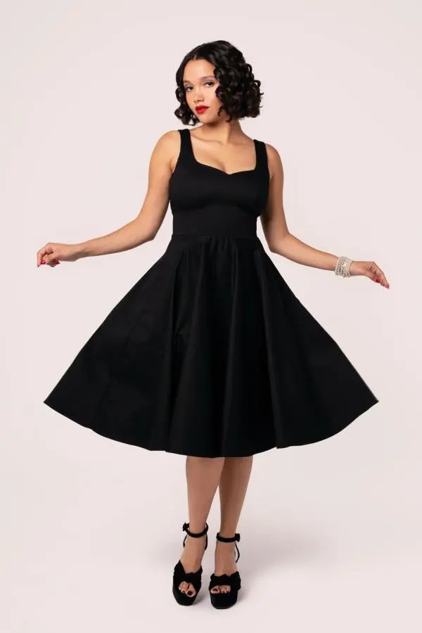 Hell Bunny Women's 50s Style Cotton Satin Black Midi Dress with Sweetheart Neckline, Flared Skirt & Pockets 