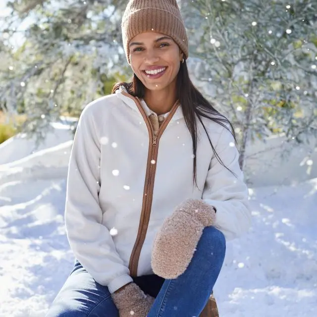 Lands' End Women's Petite Anyweather Hooded Fleece Jacket in Ivory 