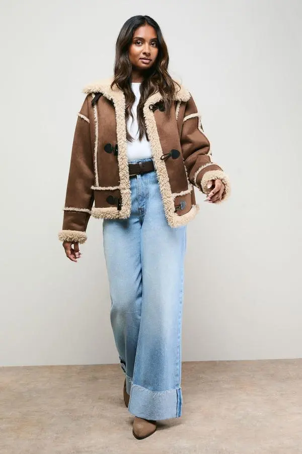 Oasis Women's Shearling Trim Aviator Jacket in Chocolate 