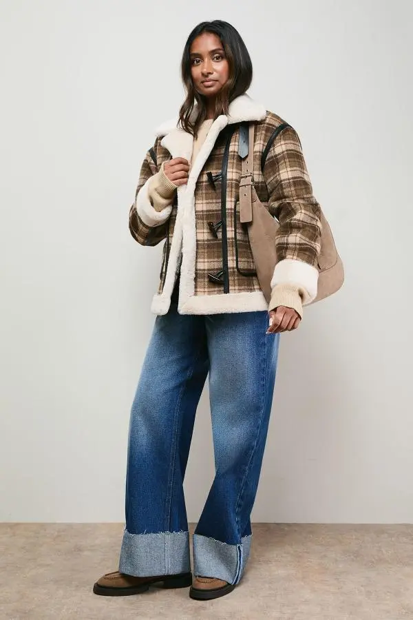 Oasis Women's Shearling Trim Check Coat in Chocolate 