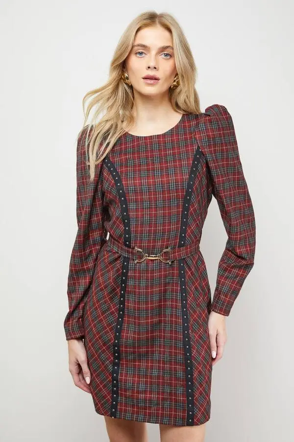 Oasis Women's Checked Belted Crew Neck Mini Dress in Burgundy 