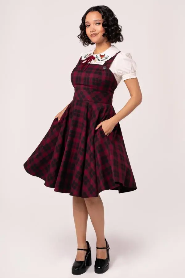 Hell Bunny Women's Carmina Tartan Shoulder Strap Dress in Burgundy 