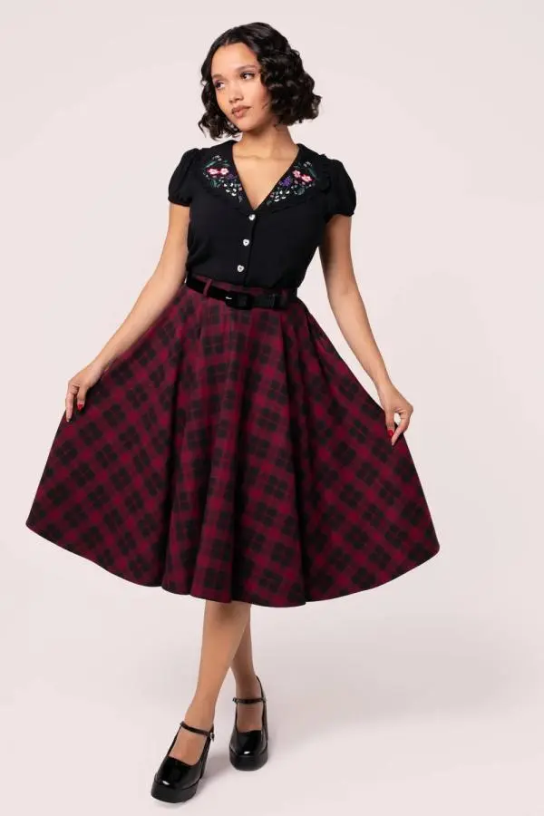 Hell Bunny Women's Carmina Tartan Midi Skirt in Burgundy 