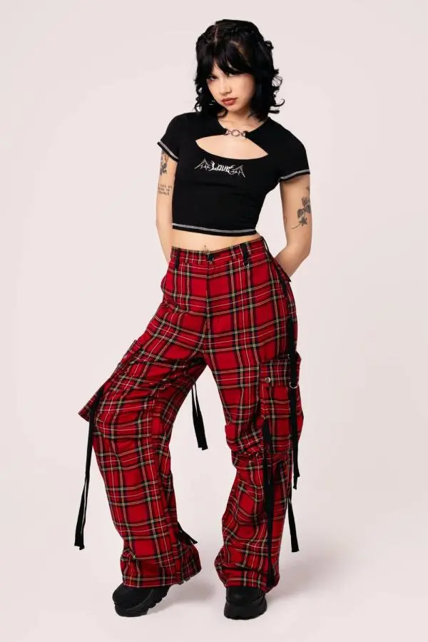 Hell Bunny Women's Nihilist Tartan Baggy Style Trousers in Red 