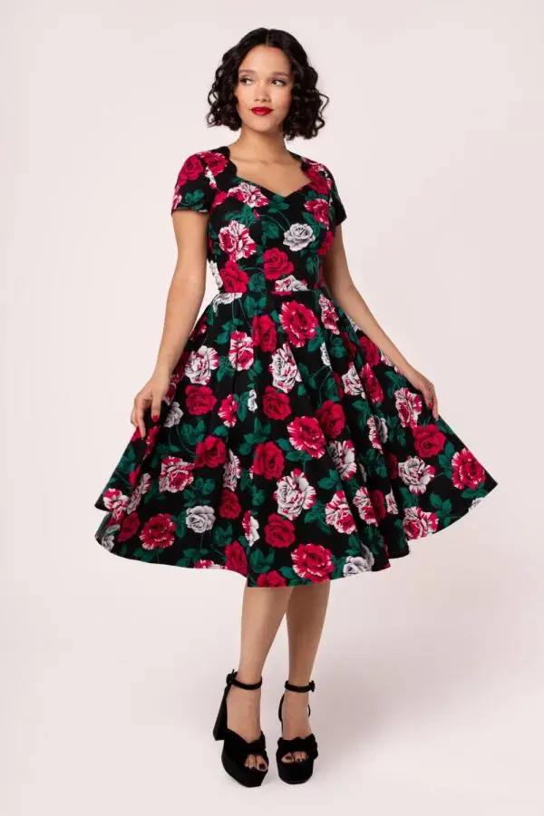 Hell Bunny Women's Paint Me Roses 50s Style Midi Dress in Black 