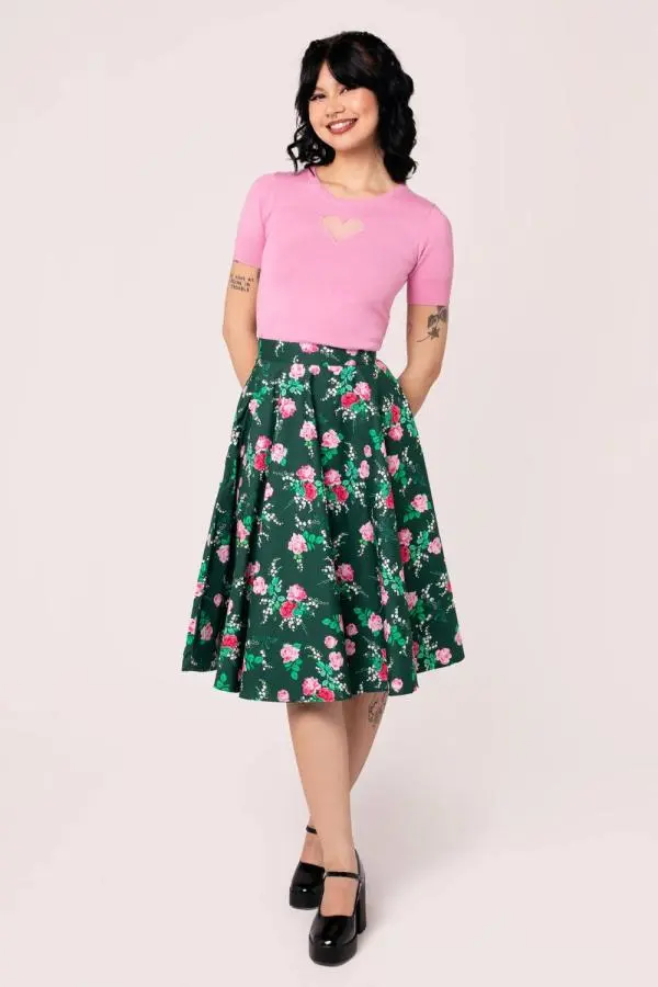 Hell Bunny Women's Mabel Deep Green Base Roses Midi Skirt 
