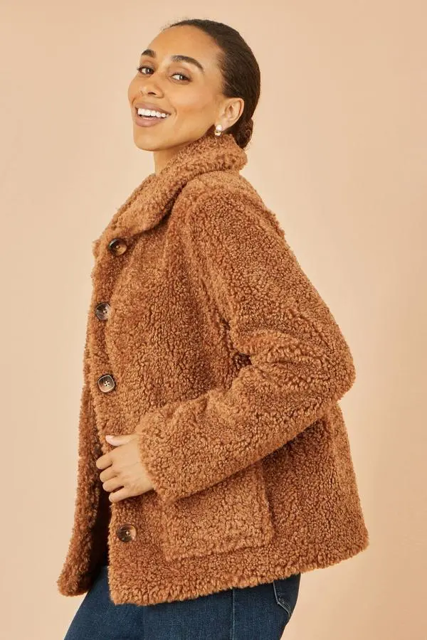 Yumi Women's Brown Short Teddy Bear Jacket 