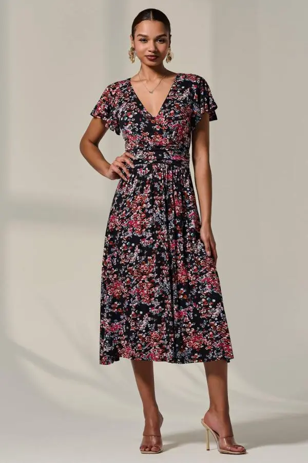Jolie Moi Women's Mock Wrap Jesery Midi Dress in Black 