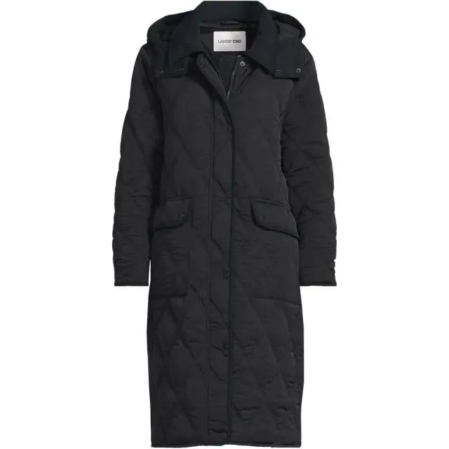 Lands' End Women's FeatherFree Diamond Quilted Hooded Coat in Black 