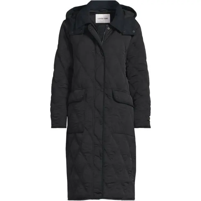 Lands' End Women's FeatherFree Diamond Quilted Hooded Coat in Black 