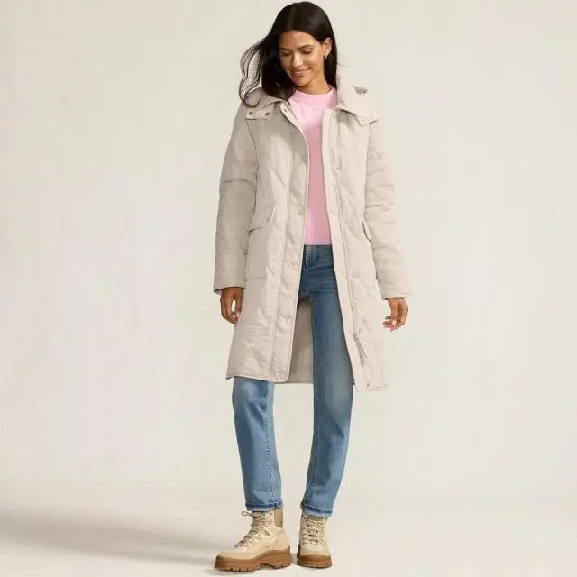 Lands' End Women's FeatherFree Diamond Quilted Hooded Coat in Natural 