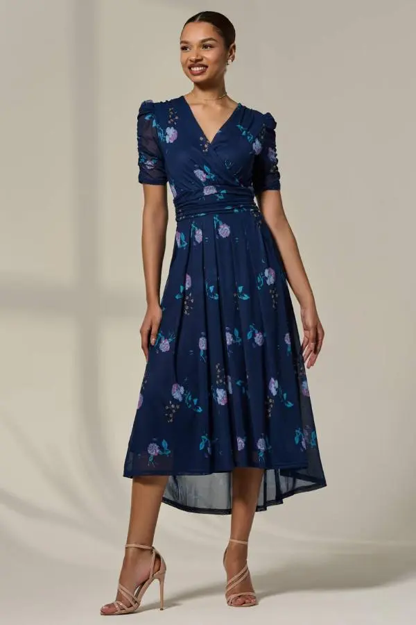 Jolie Moi Women's Petite Wrap Front Ruched Sleeve Midi Dress in Navy 