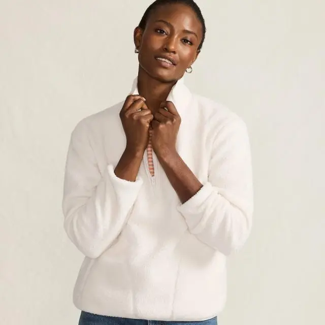 Lands' End Women's Petite Cosy Sherpa Fleece Half Zip Pullover in Ivory 