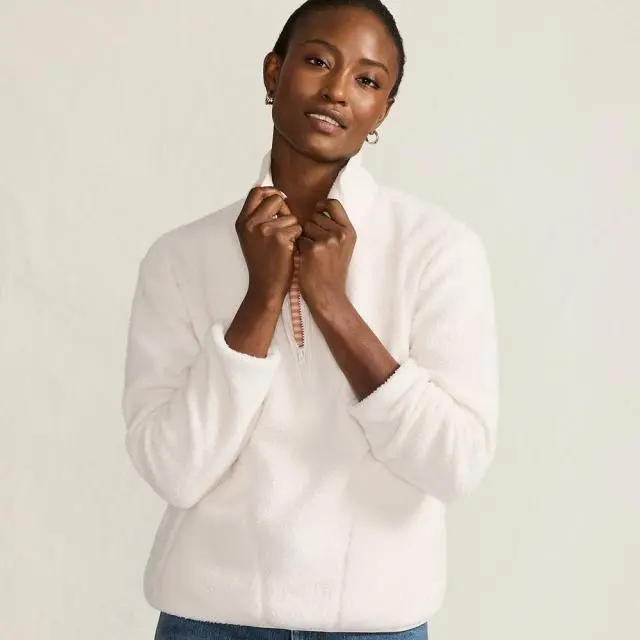 Lands' End Women's Petite Cosy Sherpa Fleece Half Zip Pullover in Ivory | Size: 10-12