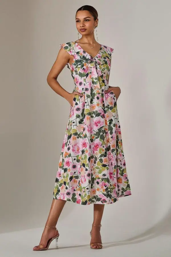 Jolie Moi Women's Frill V Neck Midaxi Dress 