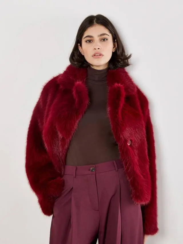 Apricot Women's Faux Fur Short Coat in Burgundy 