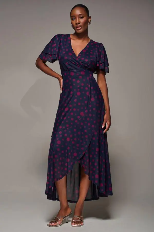 Jolie Moi Women's Angel Sleeve Mesh Frill Wrap Maxi Dress in Navy | Size: 10