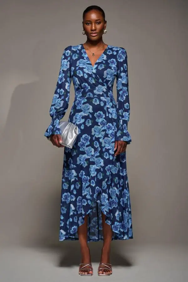 Jolie Moi Women's Ruffle Cuffed Sleeve Frill Mesh Maxi Dress in Blue 