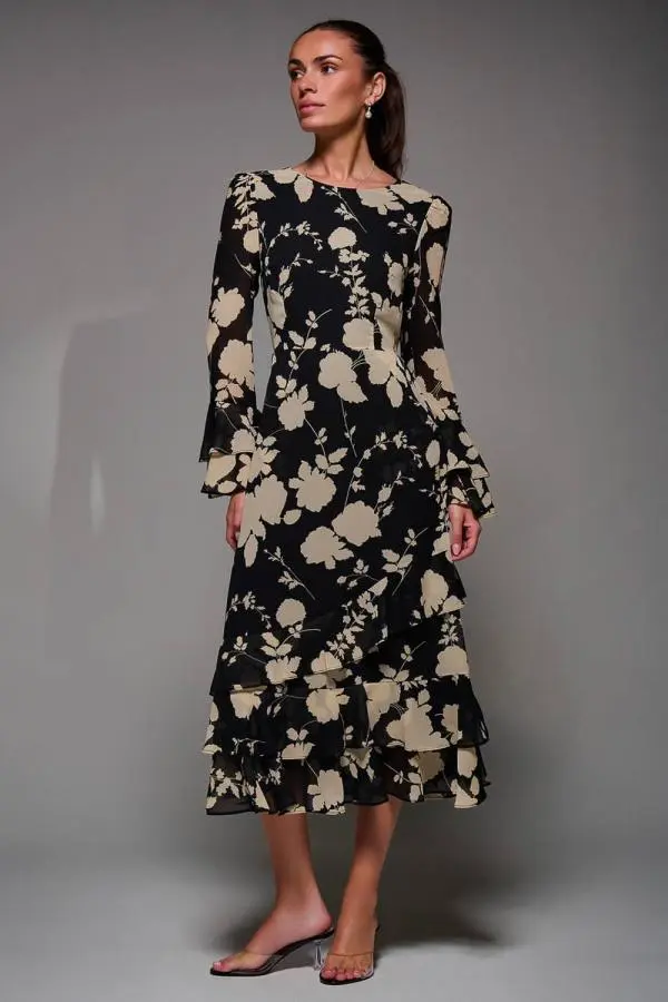 Jolie Moi Women's Long Sleeve Frill Chiffon Midaxi Dress in Black 