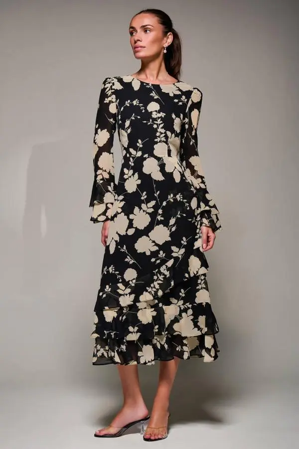 Jolie Moi Women's Long Sleeve Frill Chiffon Midaxi Dress in Black 