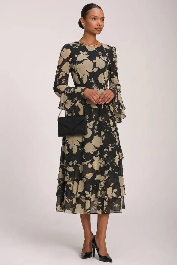 Jolie Moi Women's Long Sleeve Frill Chiffon Midaxi Dress in Black 