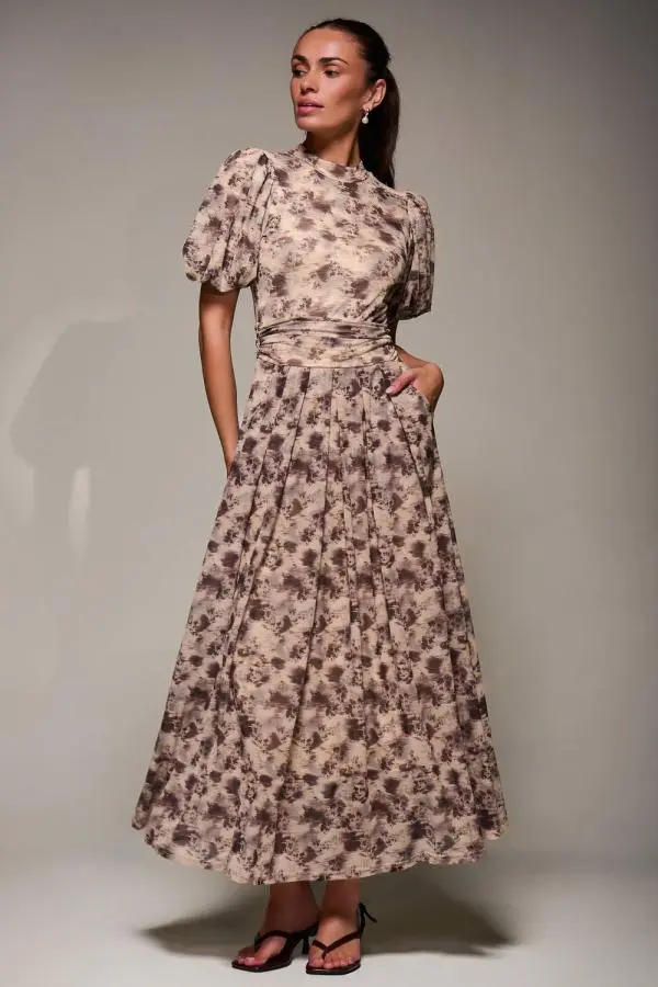 Jolie Moi Women's Puffy Sleeve Printed Mesh Maxi Dress in Brown 