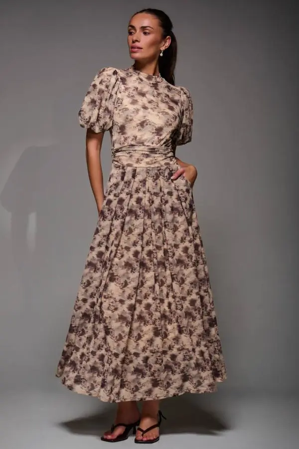 Jolie Moi Women's Puffy Sleeve Printed Mesh Maxi Dress in Brown 