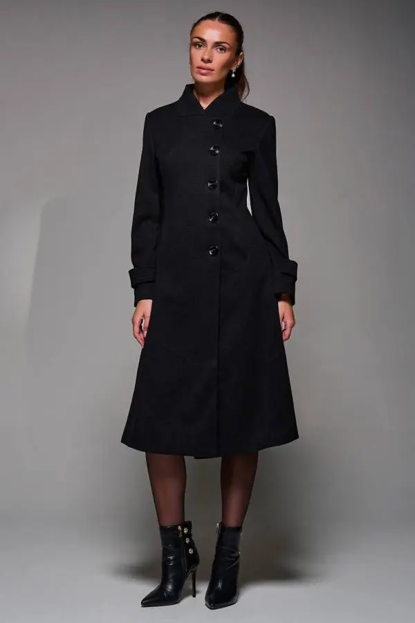 Jolie Moi Women's Asymmetric Button Detail Fit & Flare Coat in Black 