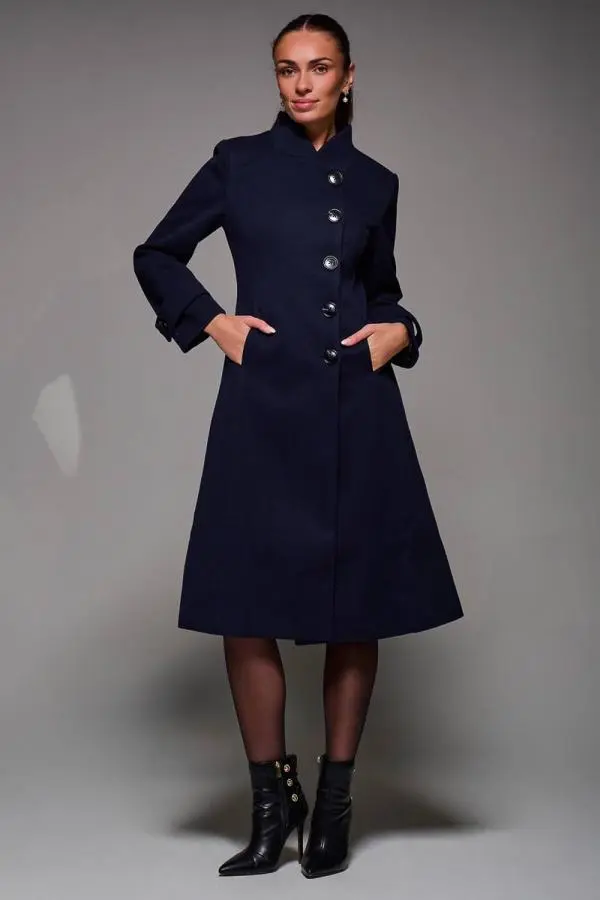 Jolie Moi Women's Asymmetric Button Detail Fit & Flare Coat in Navy 