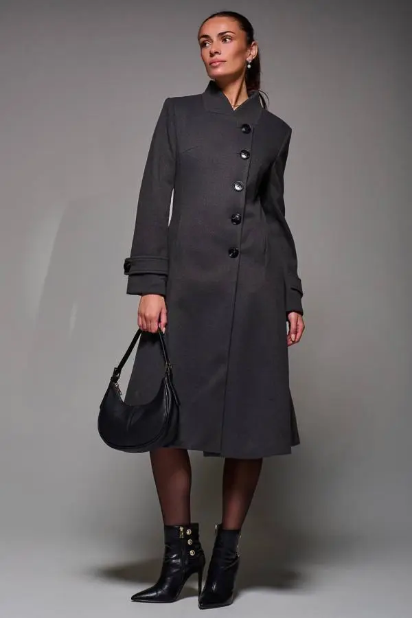 Jolie Moi Women's Asymmetric Button Detail Fit & Flare Coat in Dark Grey 