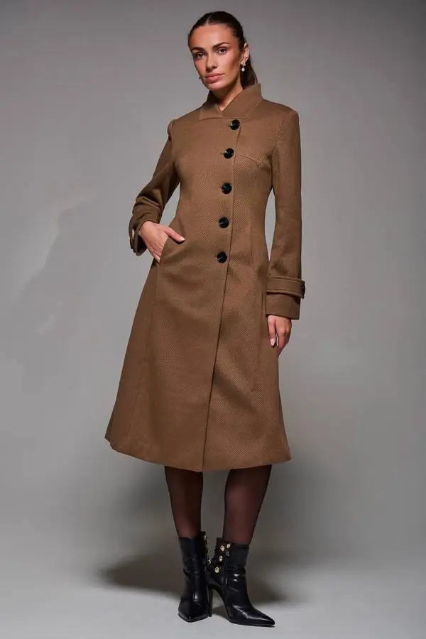 Jolie Moi Women's Asymmetric Button Detail Fit & Flare Coat in Brown 