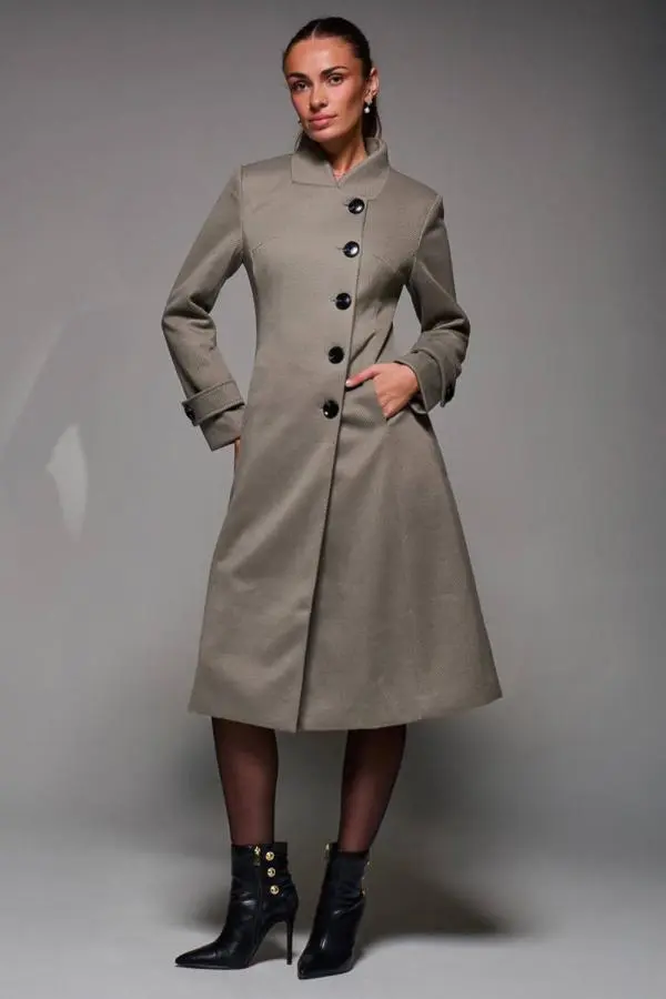 Jolie Moi Women's Asymmetric Button Detail Fit & Flare Coat in Light Khaki 