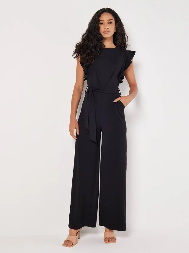 Apricot Women's Ruffle Sleeve Jersey Jumpsuit in Black 