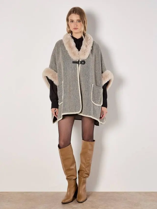 Apricot Women's Heritage Texture Faux Fur Lined Cape in Stone