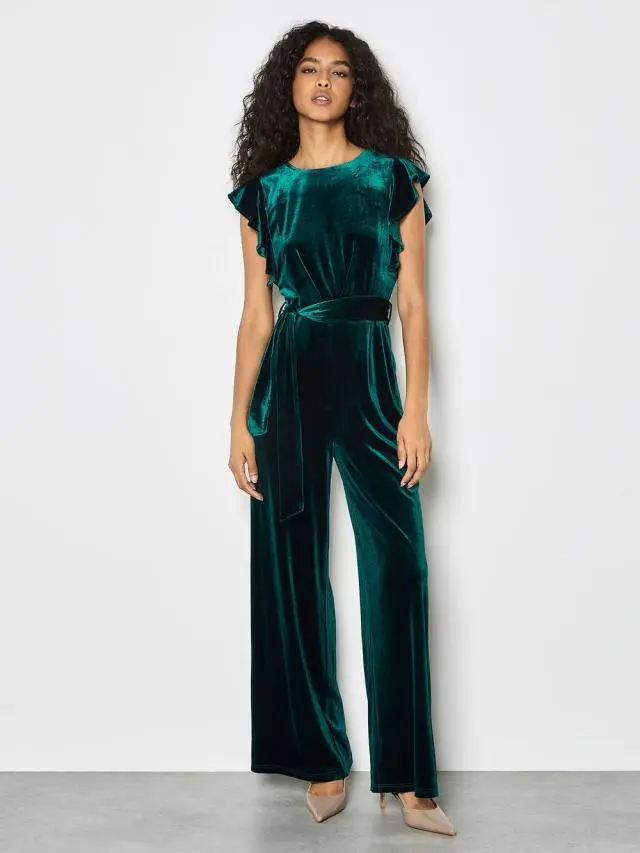 Apricot Women's Wide Leg Velvet Ruffle Jumpsuit in Green 