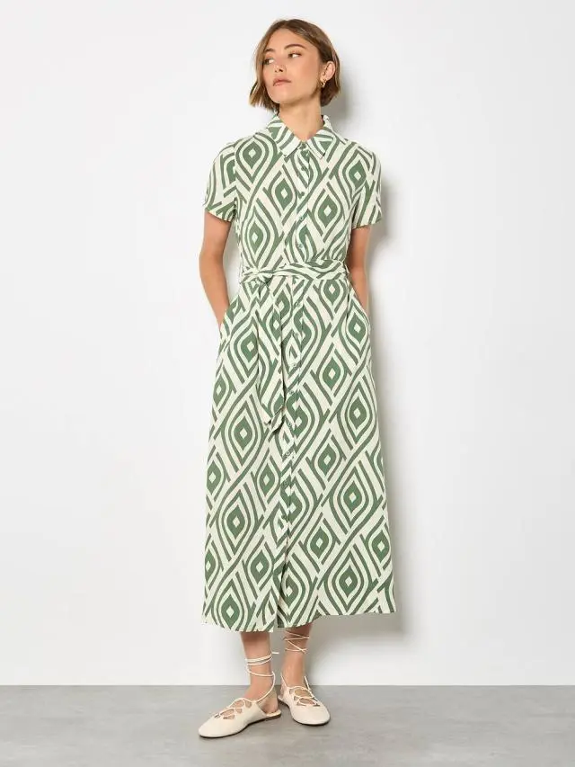 Apricot Women's Geo Print Shirt Midi Dress in Green 