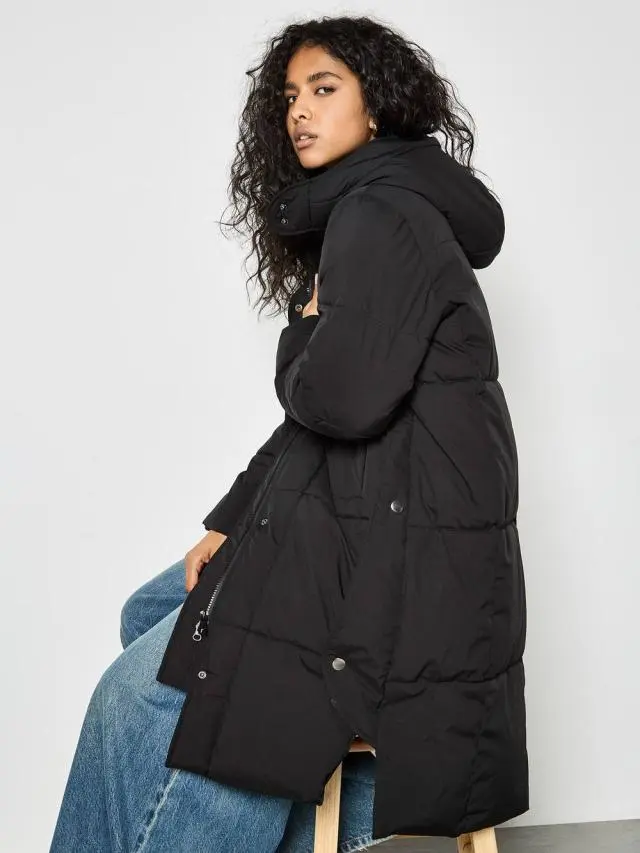 Apricot Women's Longline Padded Puffer Coat in Black | Size: 12