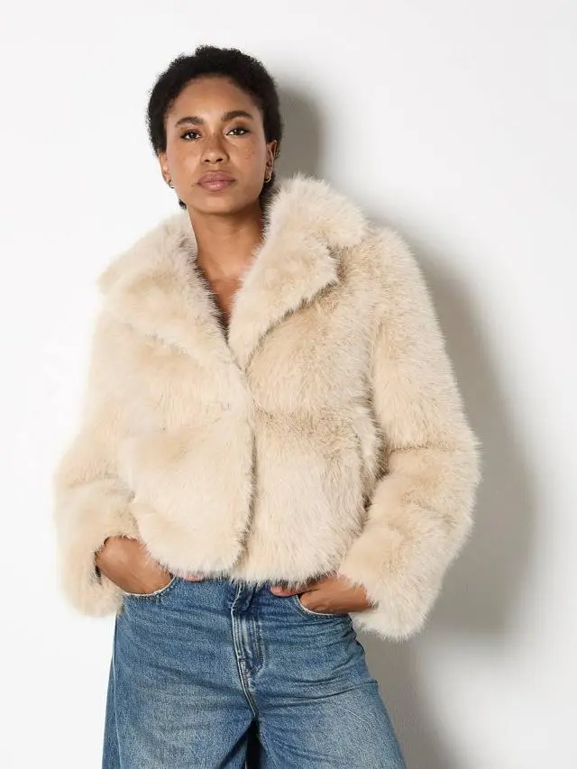 Apricot Women's Faux Fur Short Coat in Cream | Size: 12