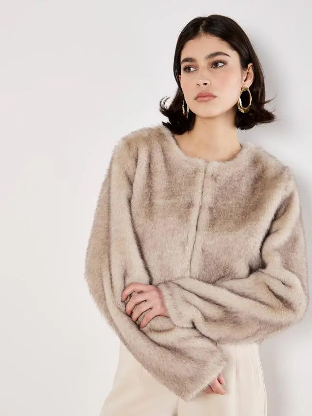 Apricot Women's Luxe Faux Fur Cropped Jacket in Grey 