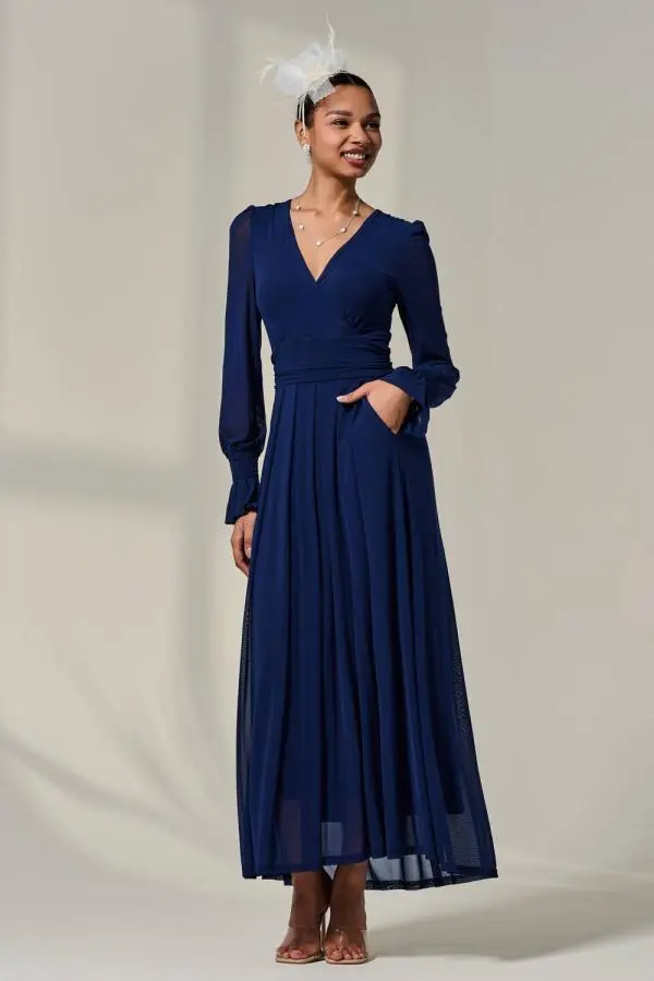 Jolie Moi Women's Long Sleeve Mesh Maxi Dress in Navy | Size: 16