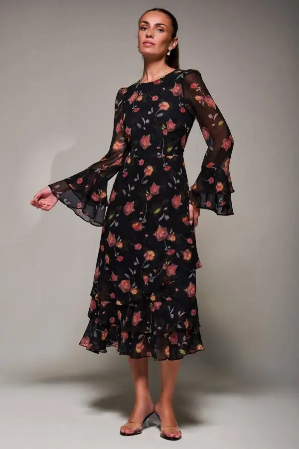 Jolie Moi Women's Long Sleeve Frill Chiffon Midaxi Dress 