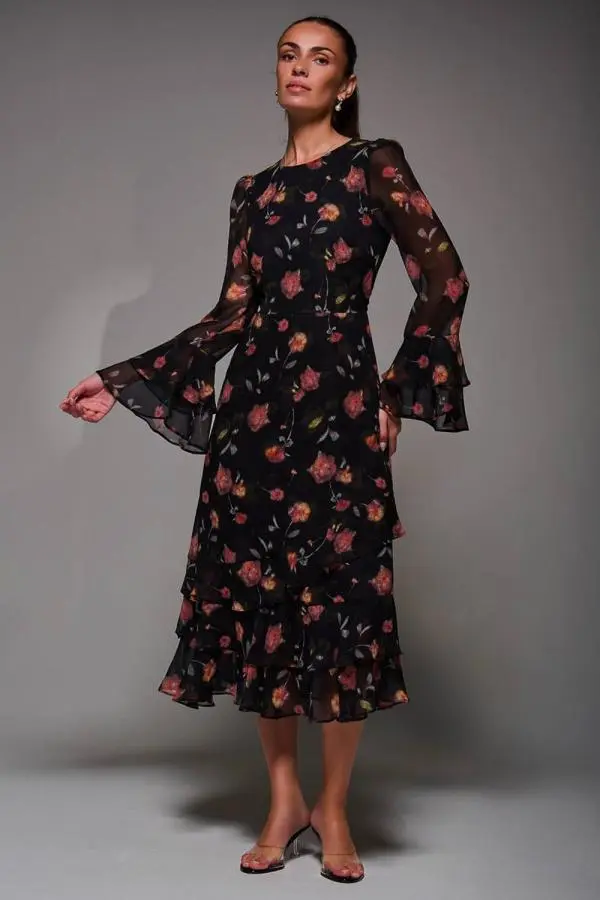 Jolie Moi Women's Long Sleeve Frill Chiffon Midaxi Dress 