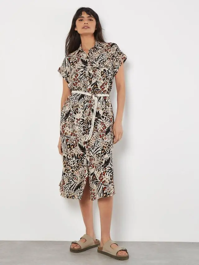 Apricot Women's Mixed Animal Print Shirt Midi Dress in Stone 