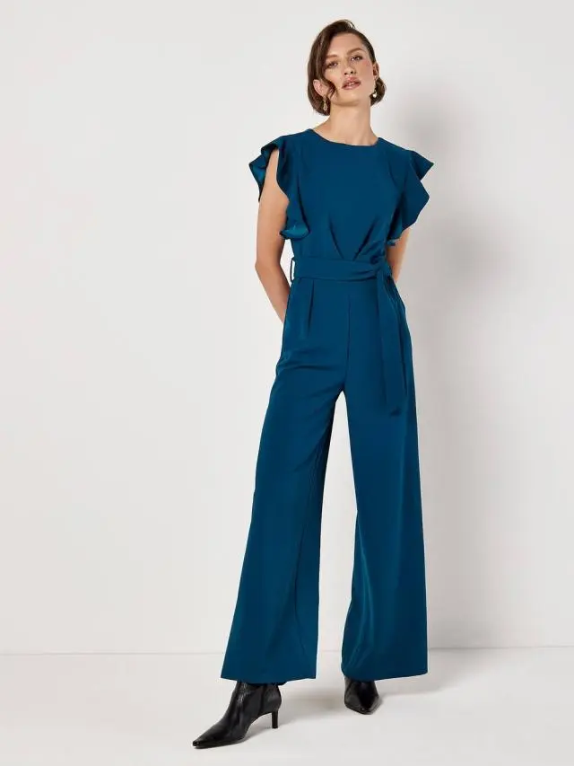 Apricot Women's Ruffle Sleeve Jersey Jumpsuit in Teal | Size: 8
