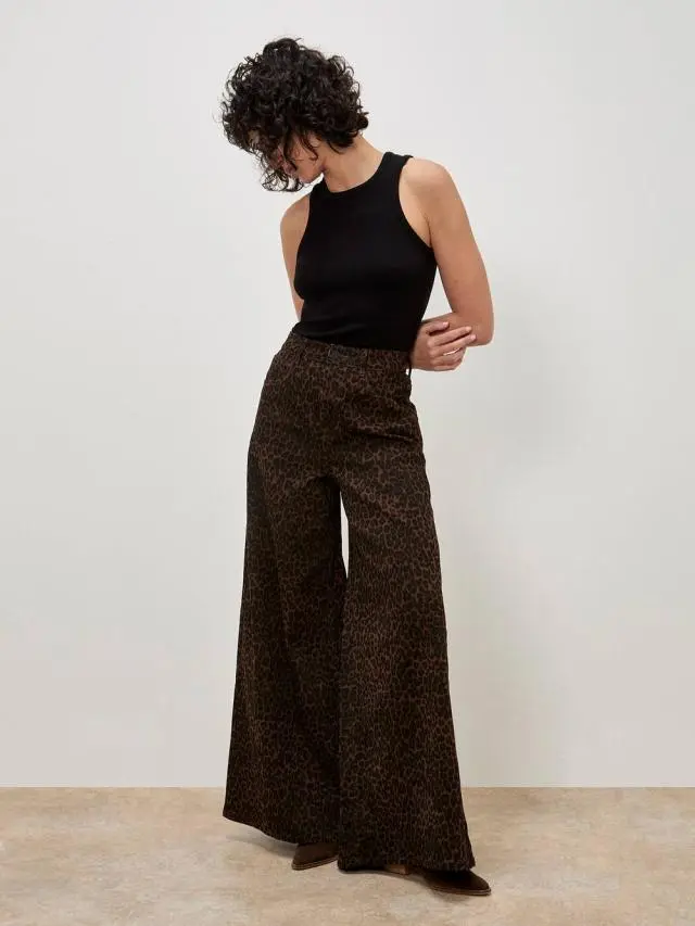 Apricot Women's Zoe Wide Leg Leopard Print Jeans in Brown 